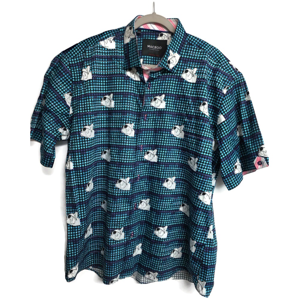Maceoo Mens Galileo French Bulldog Star Print Button Shirt Blue 2XL Short Sleeve